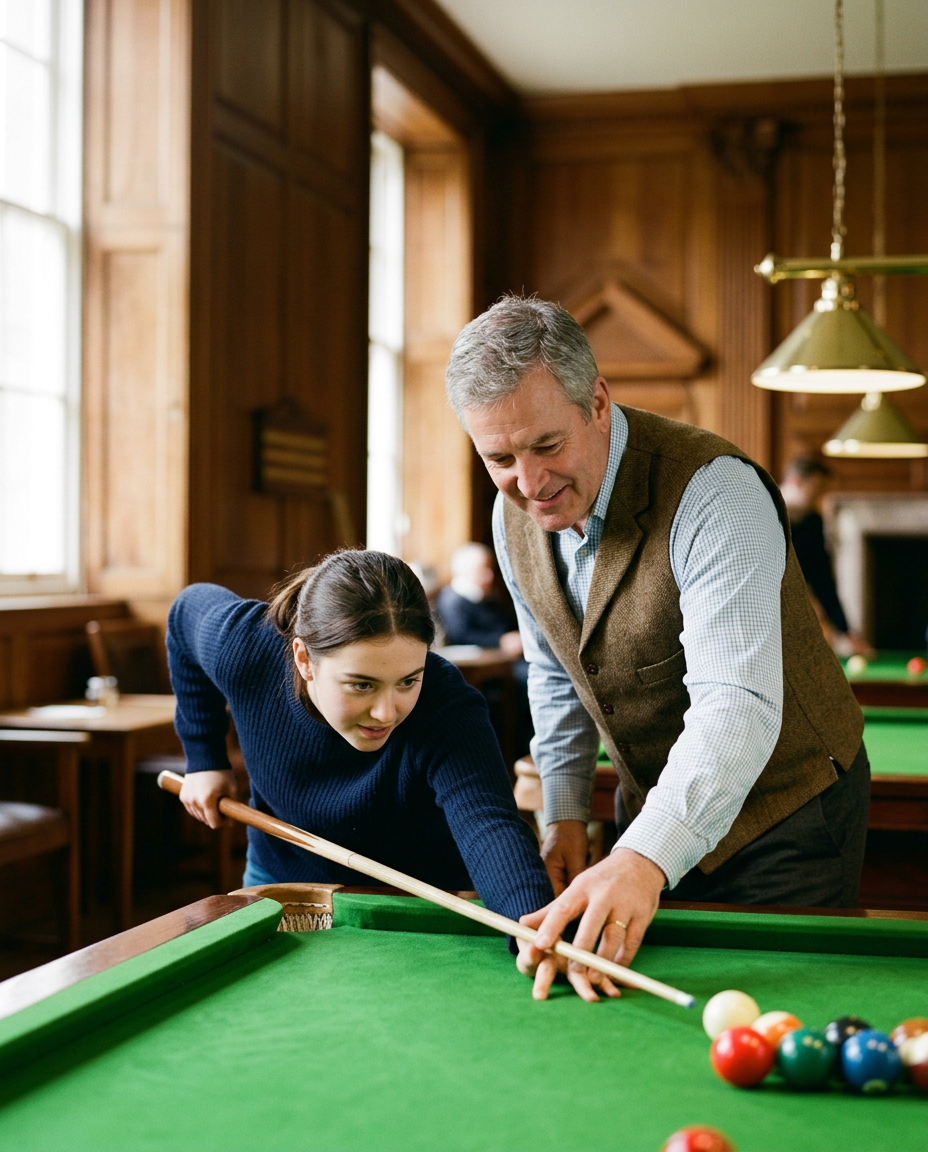 A coach in a tweed waistcoat guiding a young woman's cue as she lines up her first snooker shot