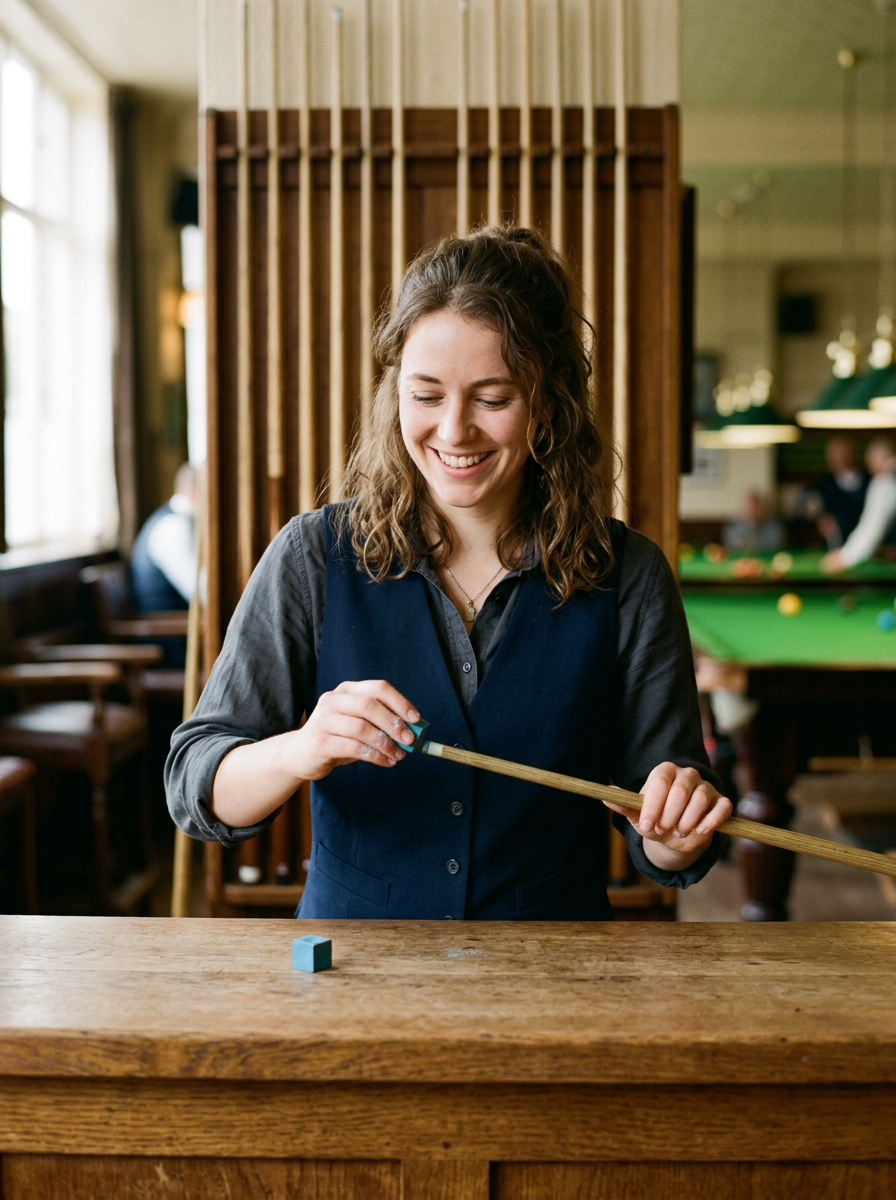 A smiling woman chalking a cue at a wooden counter, a rack of cues behind her and a snooker table in the distance