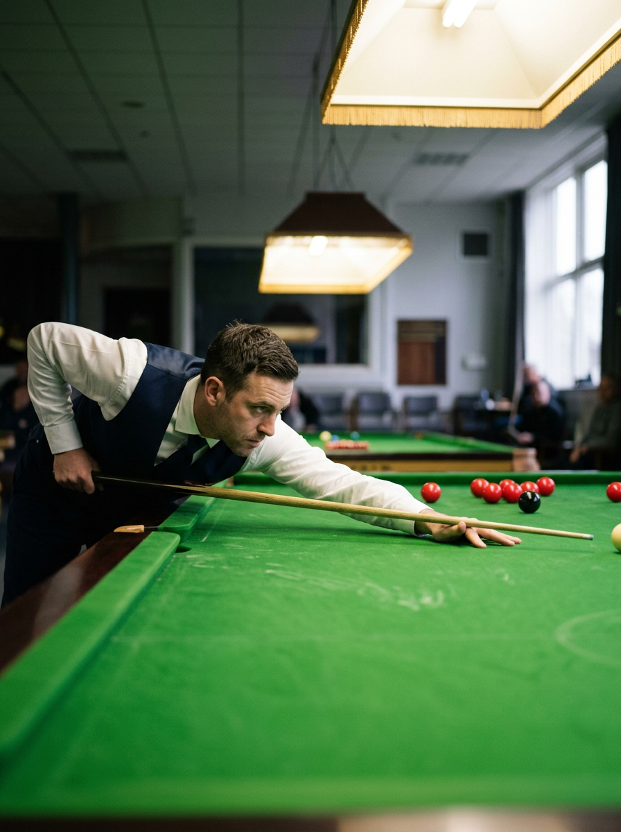 A player in a waistcoat stretched low over a green table, eyes on the shot