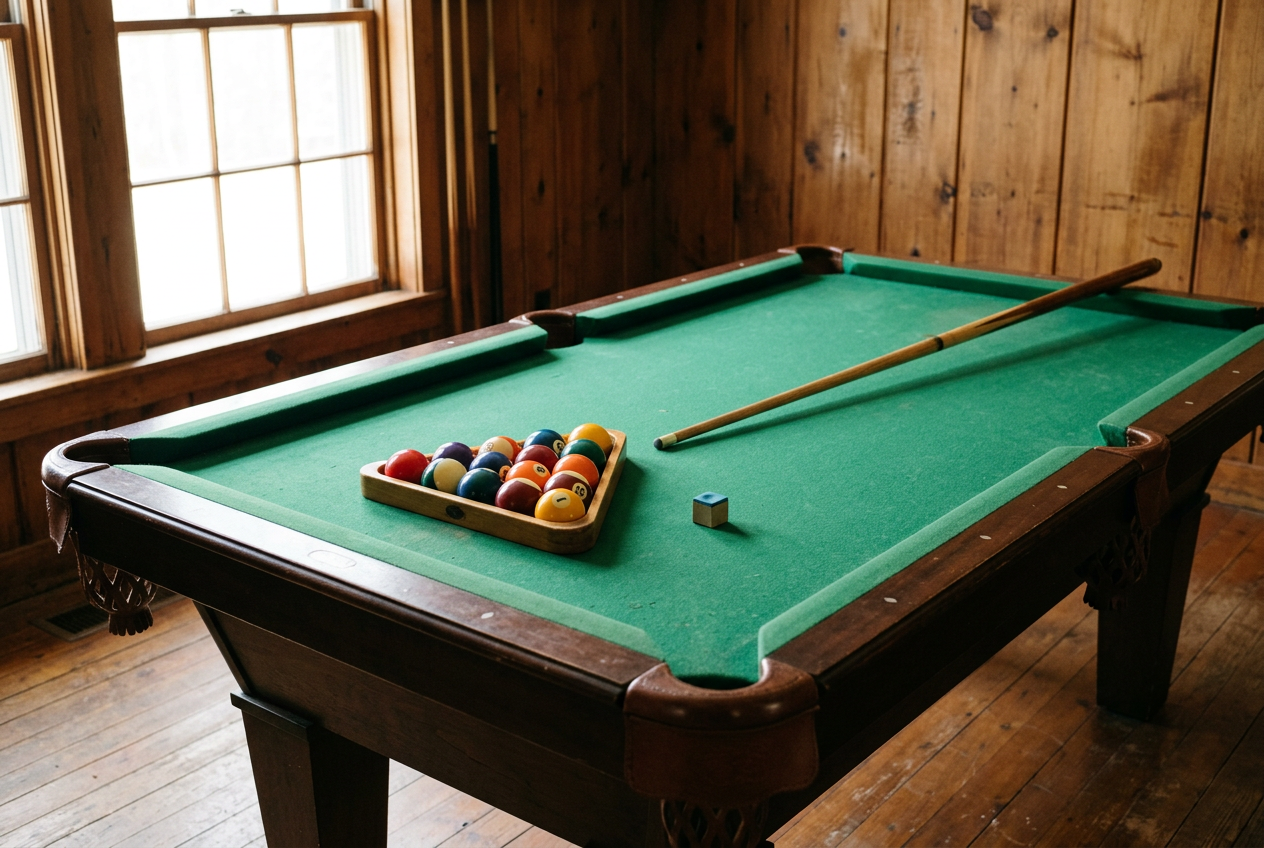 A pool table with balls racked in a wooden triangle, a cue and a chalk cube on the green cloth