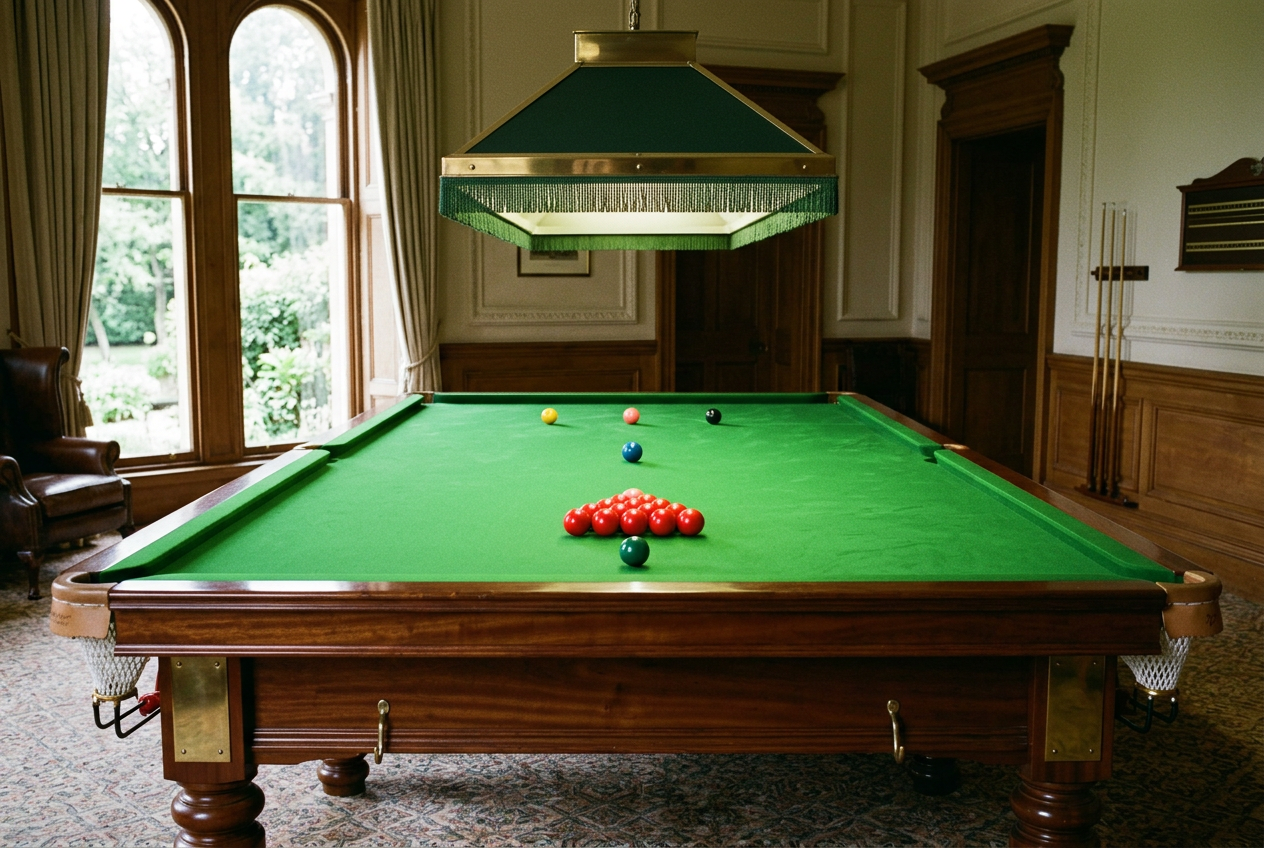 A full-size snooker table with red balls racked and coloured balls on their spots beneath a green fringed lamp