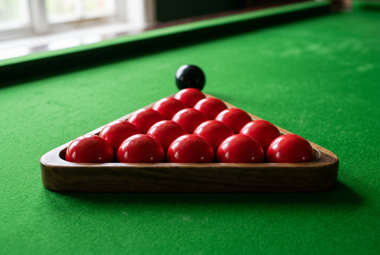 Fifteen red balls racked in a wooden triangle on green baize, the black ball behind them