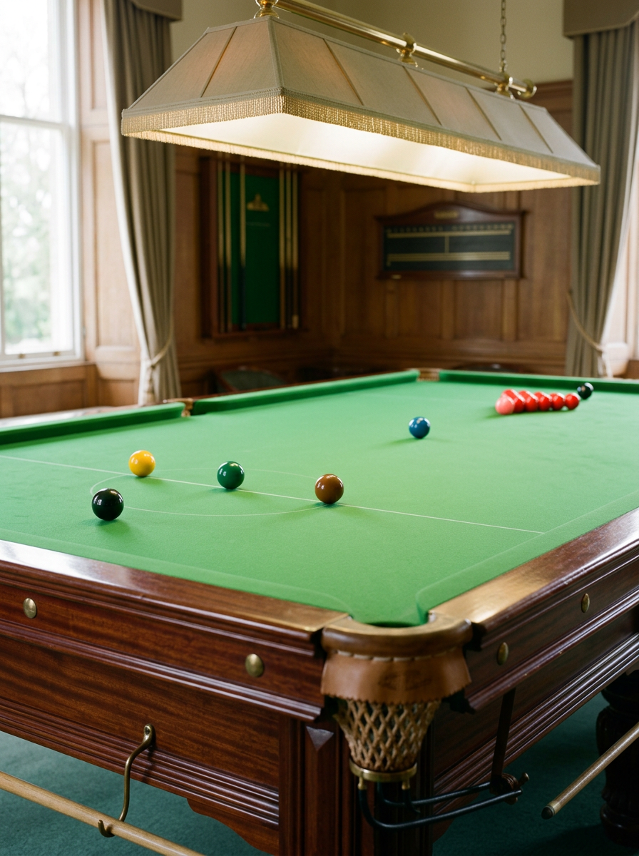 A snooker table under a fringed lamp, coloured balls on their spots and red balls racked at the far end